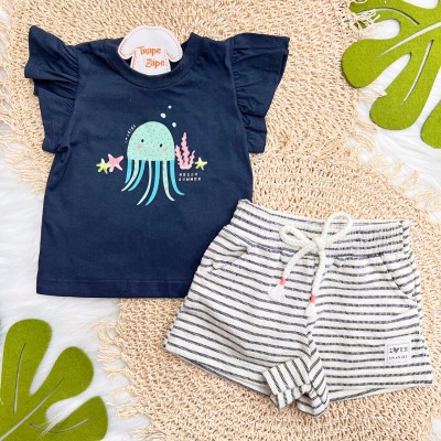 Conj. Blusa Água Viva "Hello Summer" e Short - Marinho e Areia